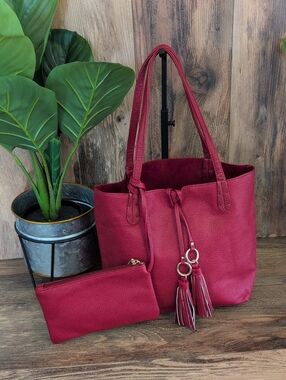 Red Leather Tote with Device Charging Pouch Handbag Shoulder Bag